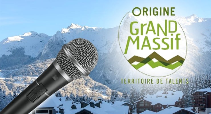 A microphone and logo over a backdrop of the mountains