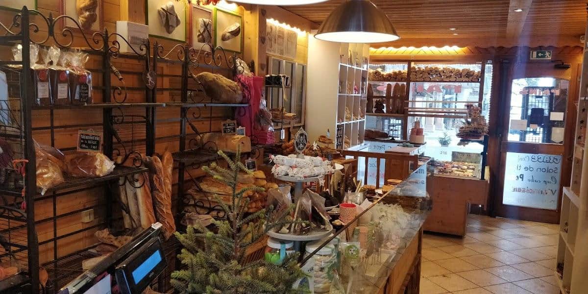 Bread and cake are displayed in this mountain bakery