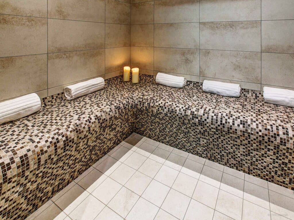 Steam room with tiled seats