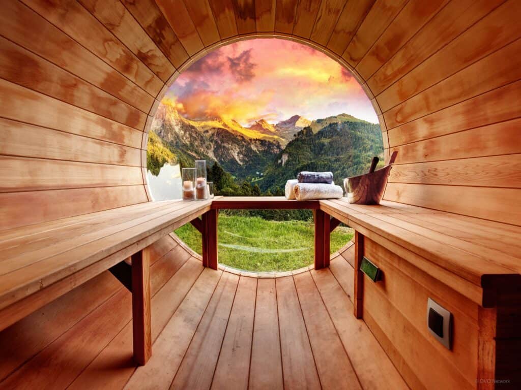 A view of the mountains from the bubble sauna at Chalet Manoe at sunset
