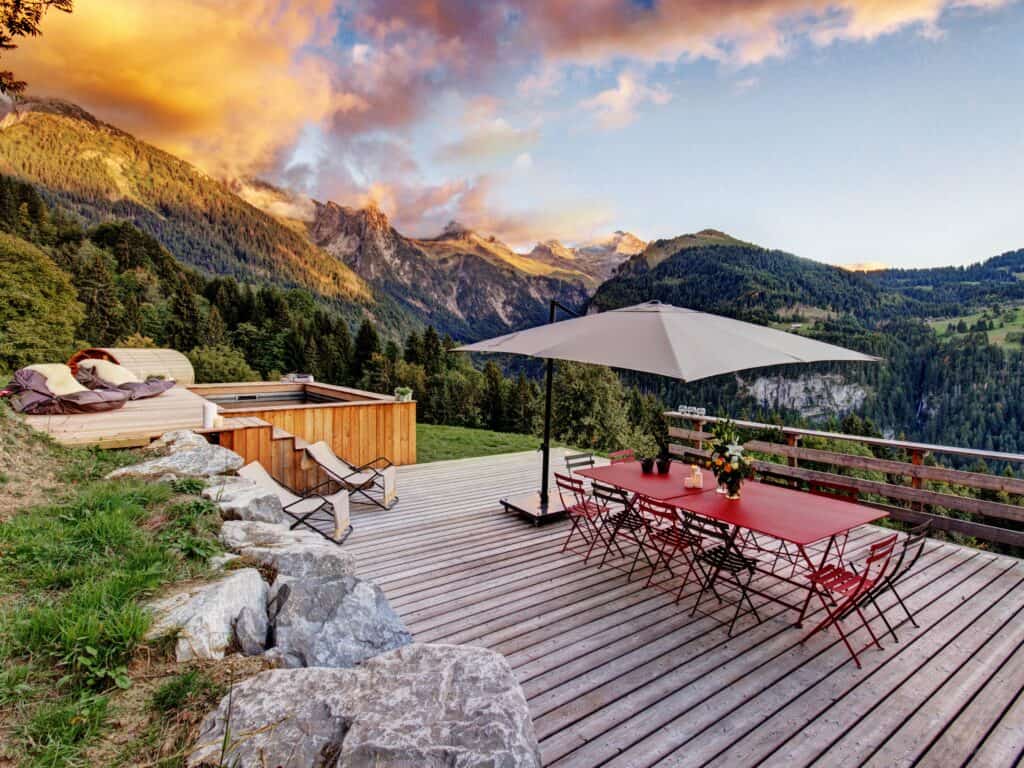 The large dining terrace at Chalet Manoe