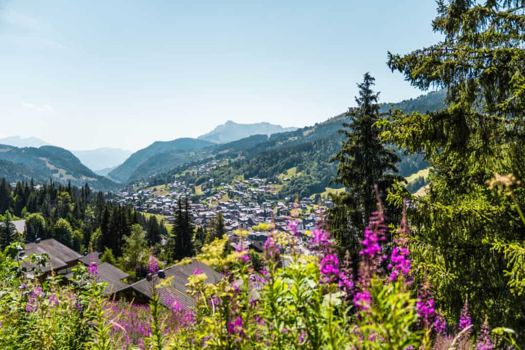 Vue d'un village de montagne en été depuis en haut.