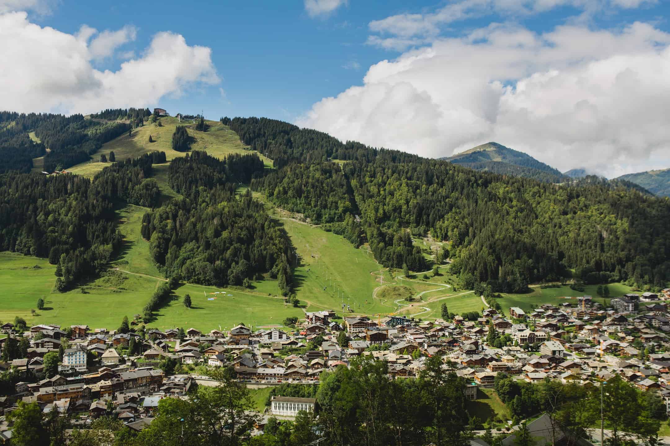 A view across Morzine to the mountains in summer