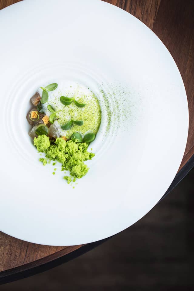 A white bowl with greenery and herbs