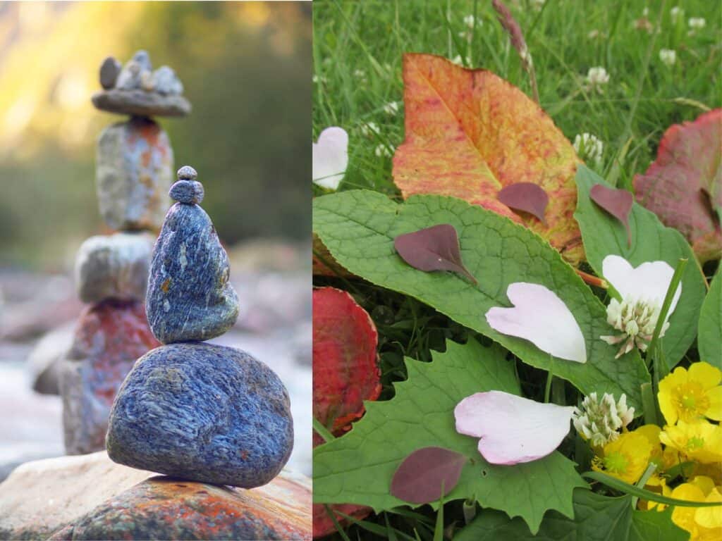 A tower of stones and a collage of leaves and petals