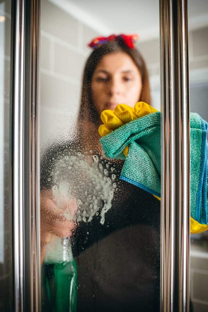 Une femme, dotée de gants jaunes, nettoie une porte vitrée de douche avec un spray, une lingette microfibre bleue.