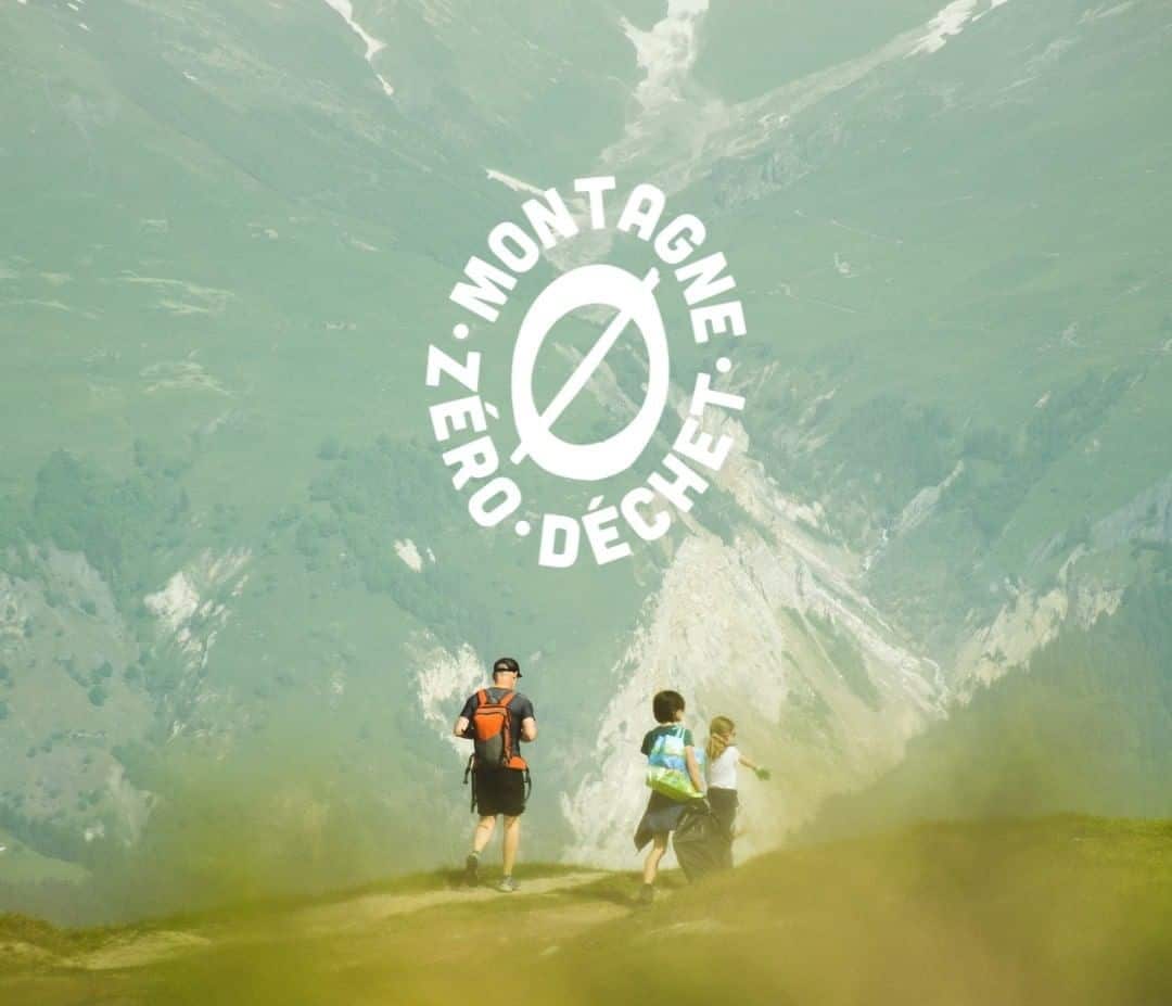 Three walkers in the mountains with the logo for Montagne Zero Dechet superimposed