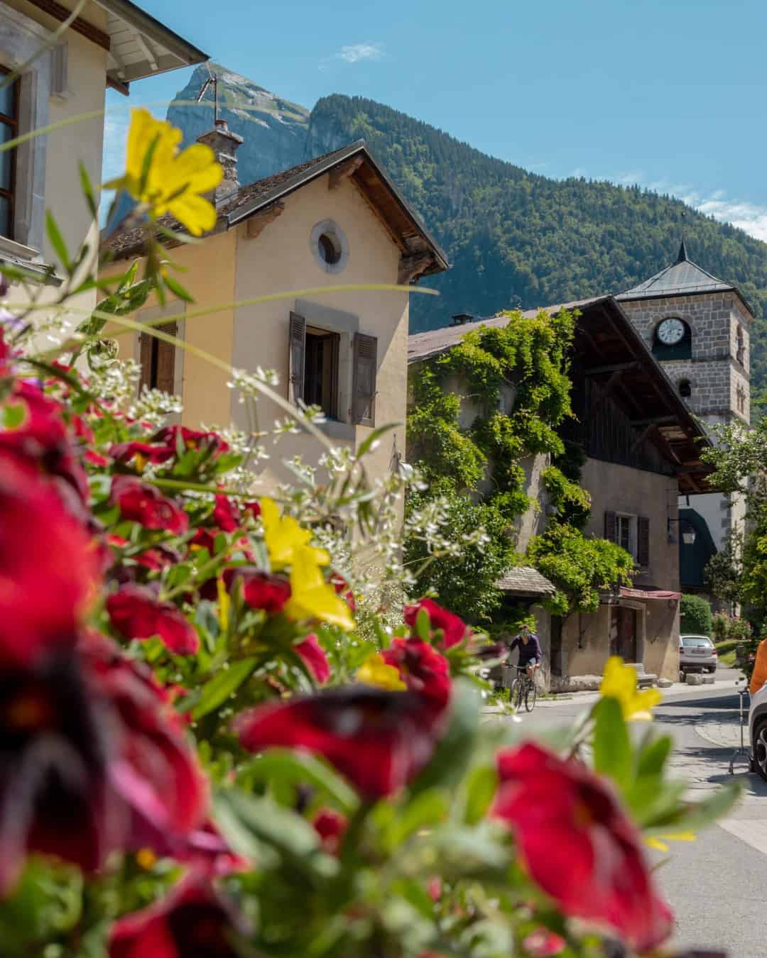 A street in Samoens, pictured through red and yellow flowers