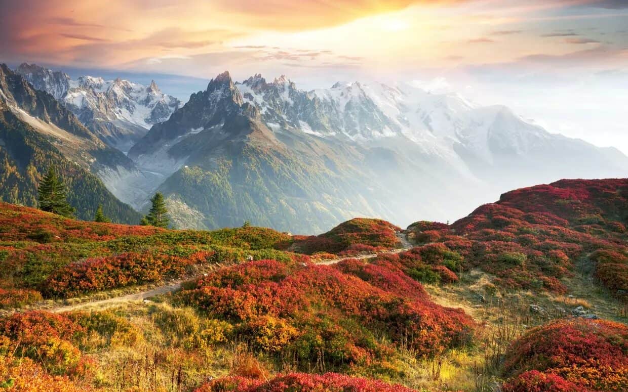 The sun sets over the Chamonix valley, with autumn colours in the foreground