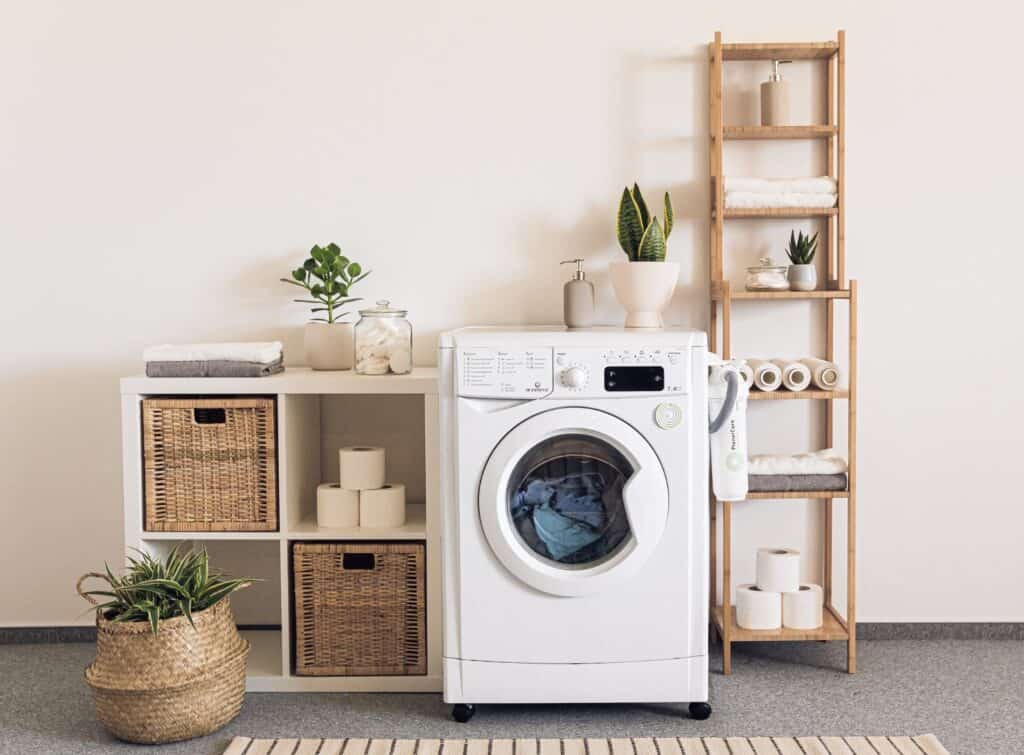 A laundry room in neutral and natural colours