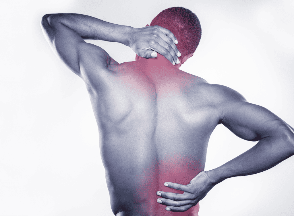 A view of a man's back, showing areas of pain in the neck and lower back