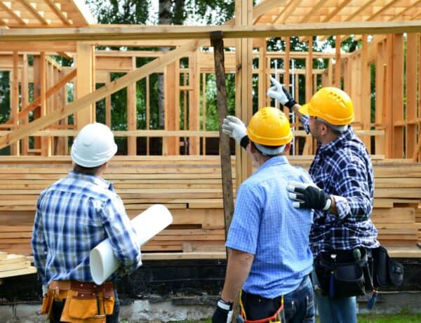 Ouvriers observant un chalet en construction.