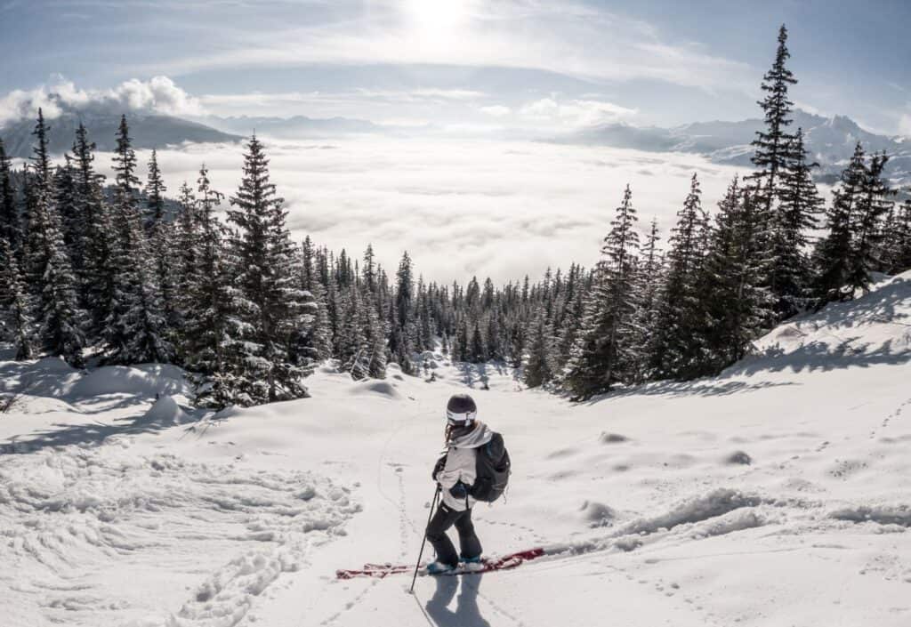 A skier looks down a steep slope edged with pine trees under a blanket of cloud