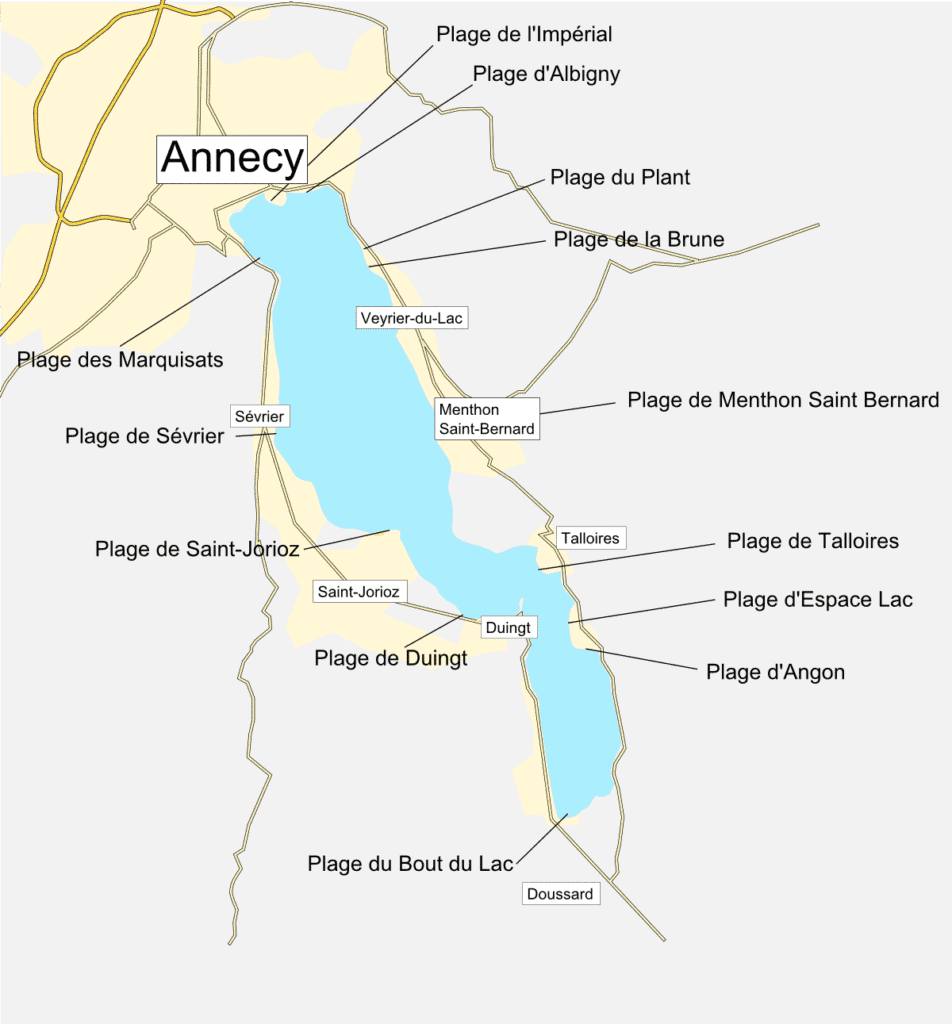 The map of beaches arounf Lake Annecy.