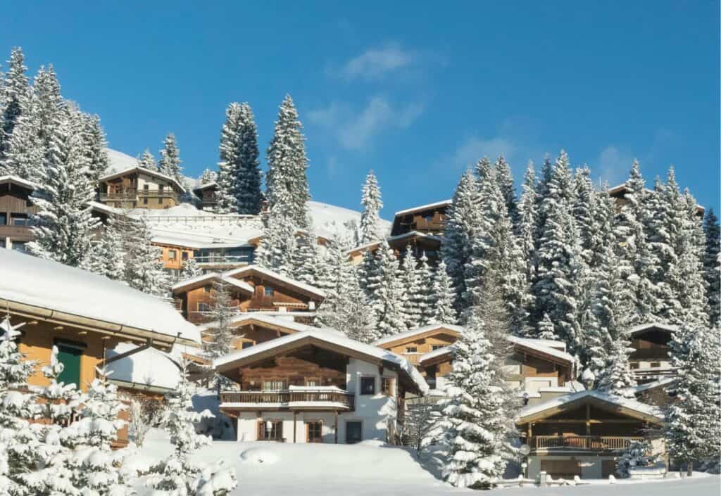 Snow-covered chalets and pine trees on a mountainside