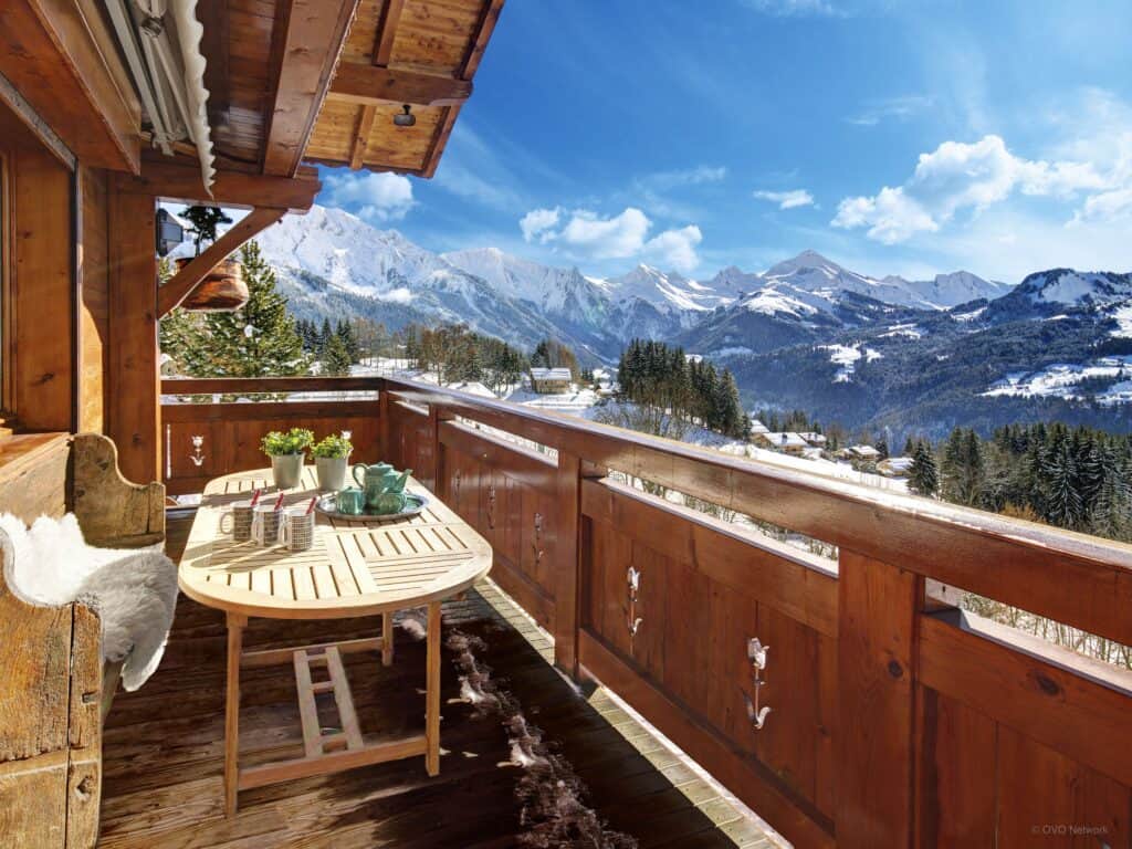 The terrace at La Grange a l'Ours, which looks out over the forests and mountains