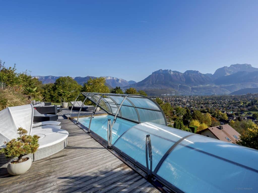 The covered pool at Chalet Kalyssia.
