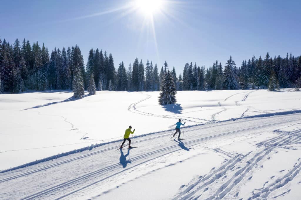 Two people Nordic skiing in the sun