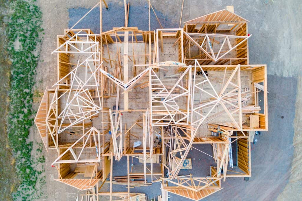 The framework of a building from a bird's eye view
