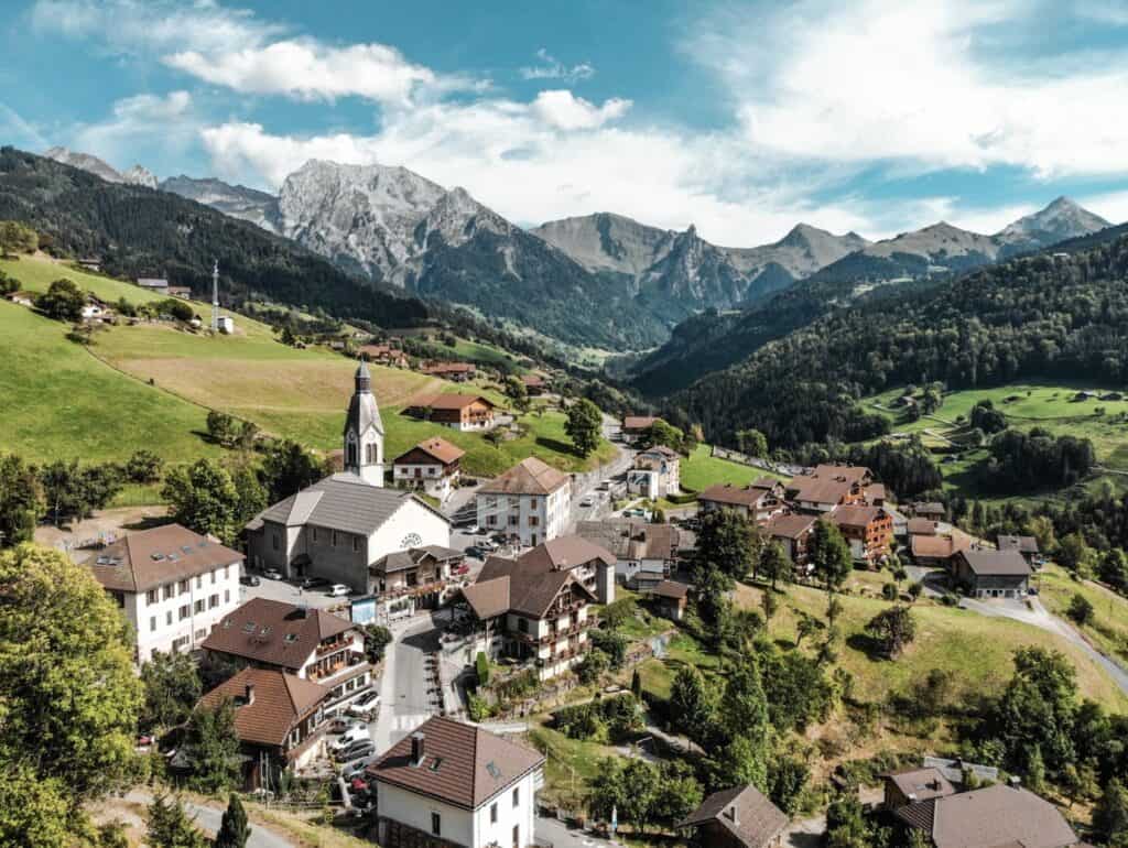 The charming church in the centre of Manigod village, as summer turns to autumn
