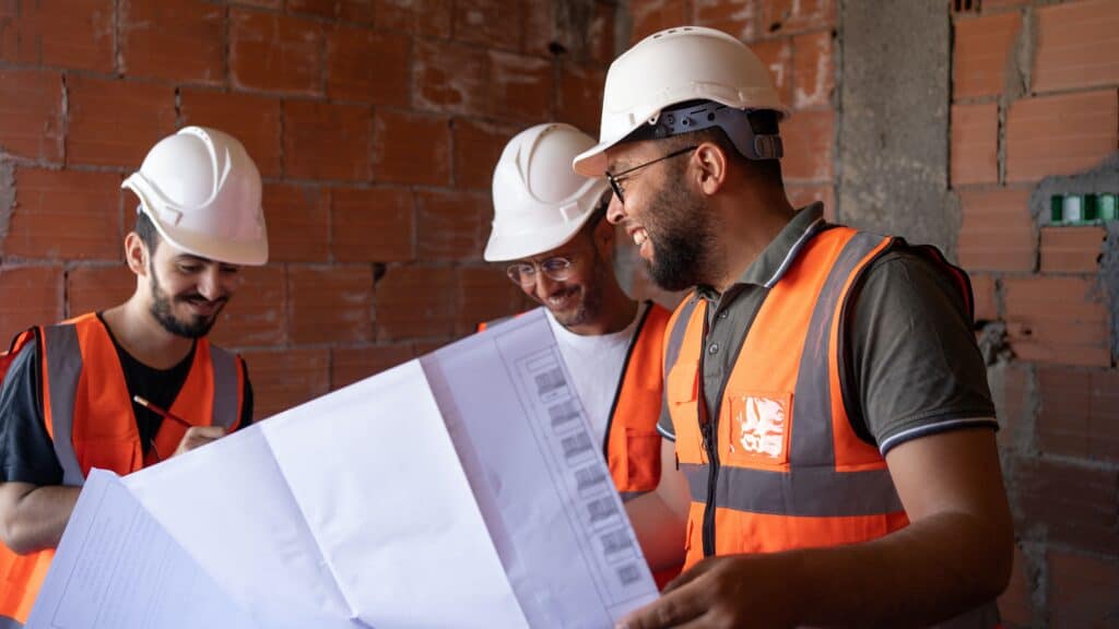 A group of builders look at a plan