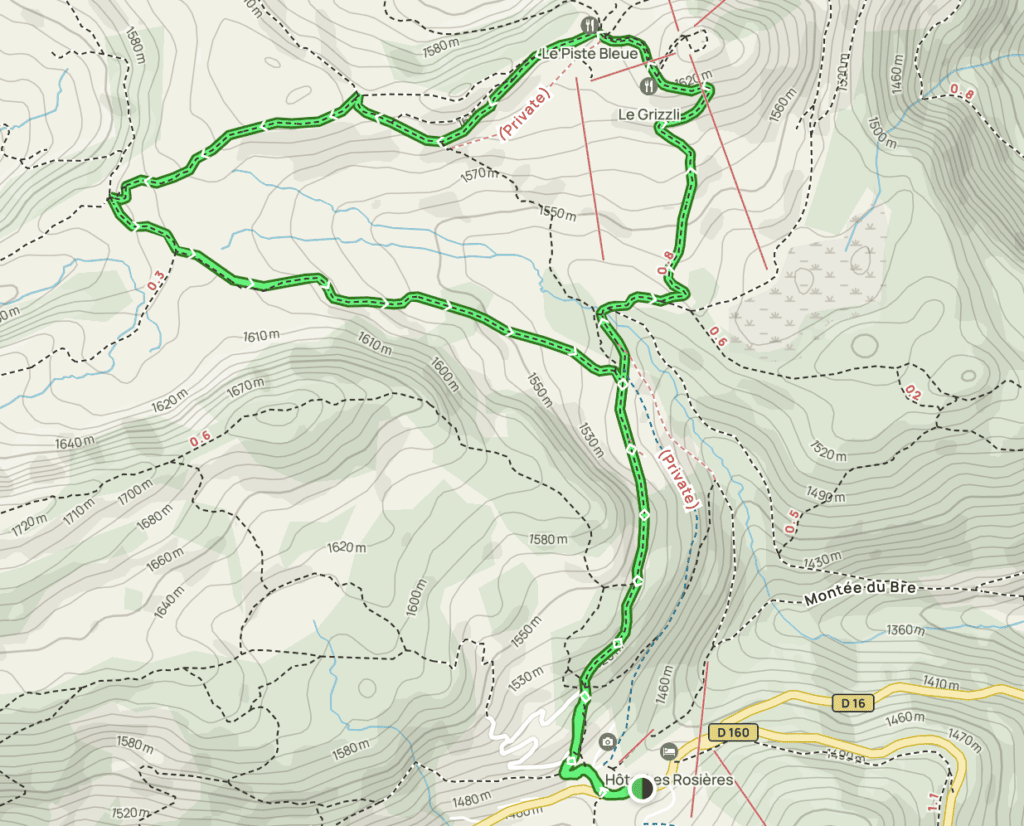 Plan détaillé du trajet de randonnée depuis Manigod jusqu'à la pointe de Beauregard.