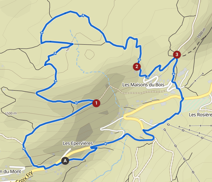 A map showing the route of Chez de la fin (hut) – La Maison des Bois loop from Manigod