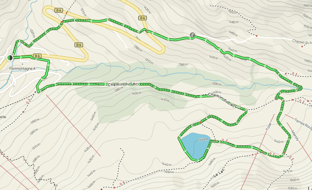 A map showing the route from  Lac de la Cour to Chemin des Bouts
