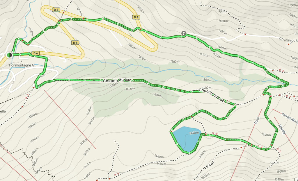 A map showing the route from Lac de la Cour to Chemin des Bouts