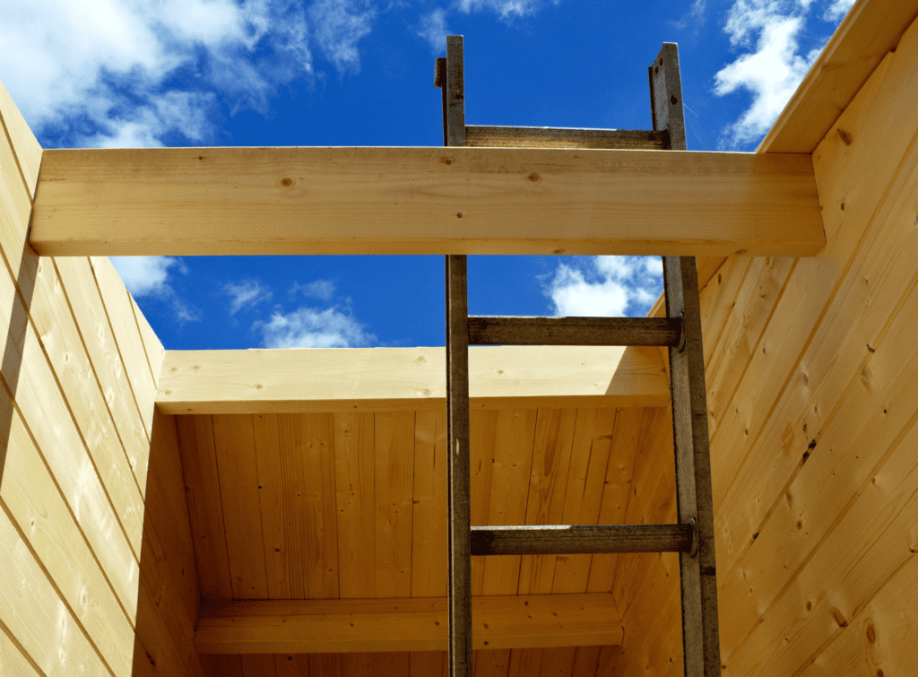 A ladder leans against a beam in the construction of a wooden building