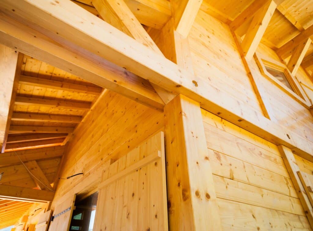 The inside of a wooden chalet