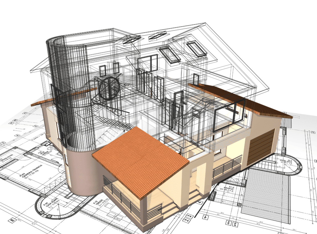 An architect's drawing of a property sitting on the blueprints