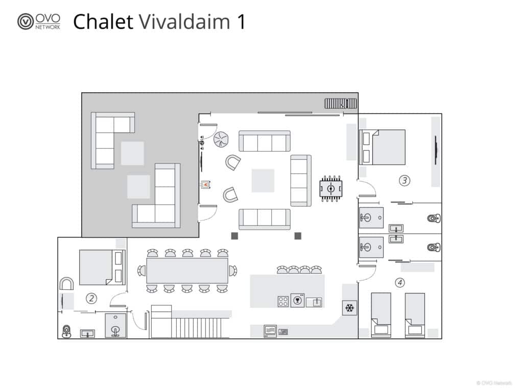 The floor plan for the ground floor of a chalet in the Grand Massif