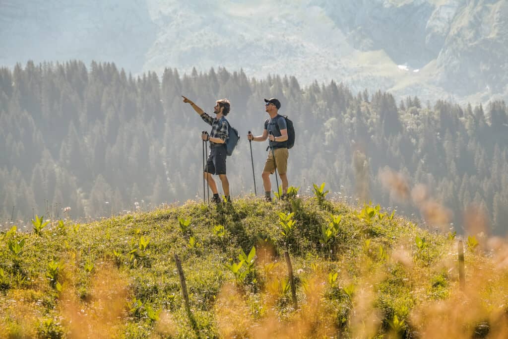 Deux randonneurs s'arrêtent au sommet d'une colline pour admirer le paysage alpin au printemps.