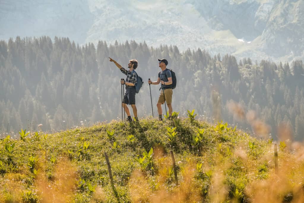 Two hikers stand on a mountain and point at the view