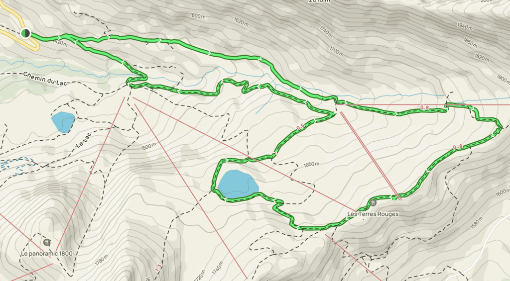 A map of the route of Malory Lake via les Bouts