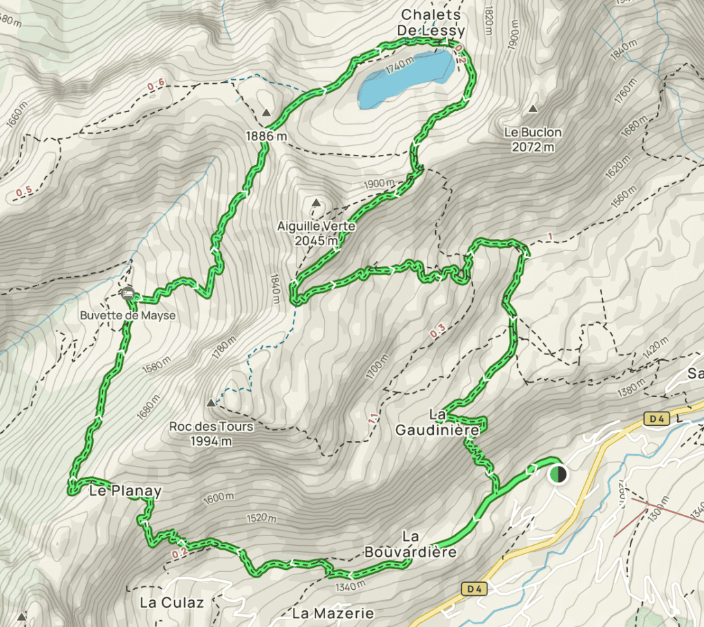 Map of the route from Chalets de Mayse - Col de Forclaz - Lac de Lessy