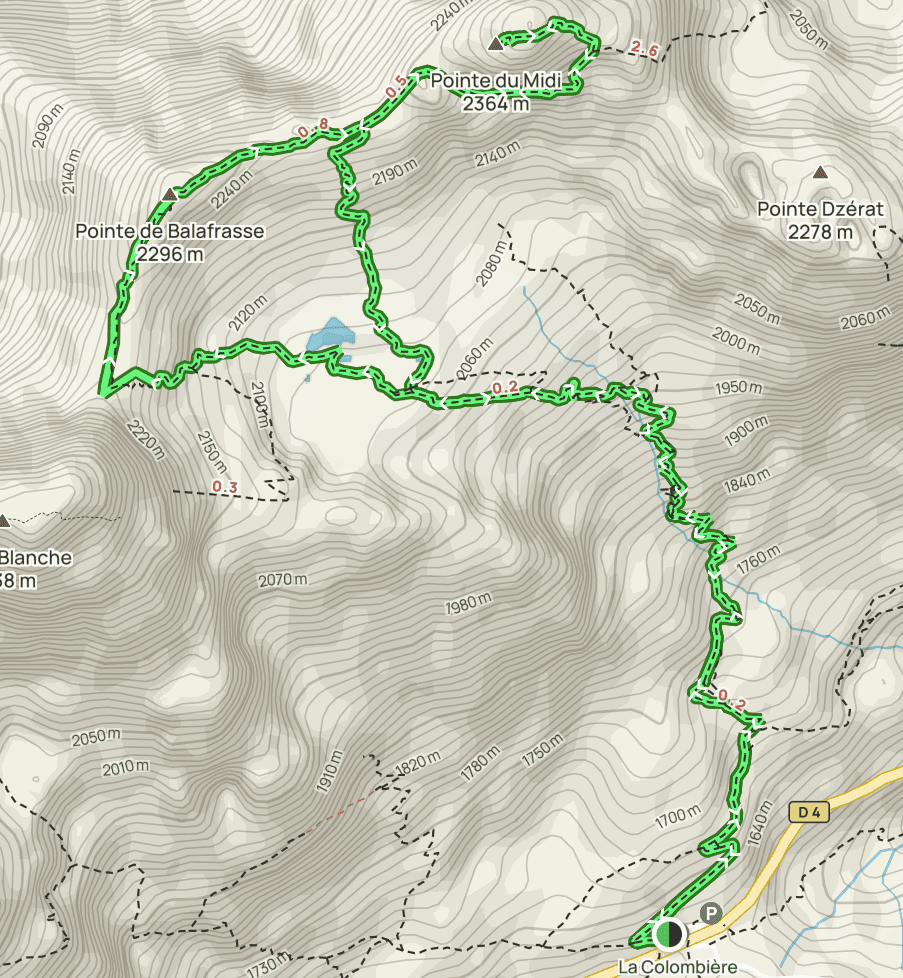 Map of the route from Lac de Peyre - Col de Balafrasse - Pointe du Midi