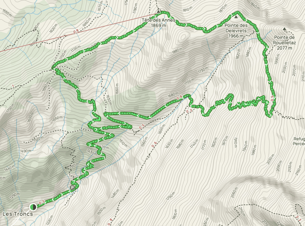 A map of the route from Les Troncs - Tête des Annes - Pointe des Delevrets