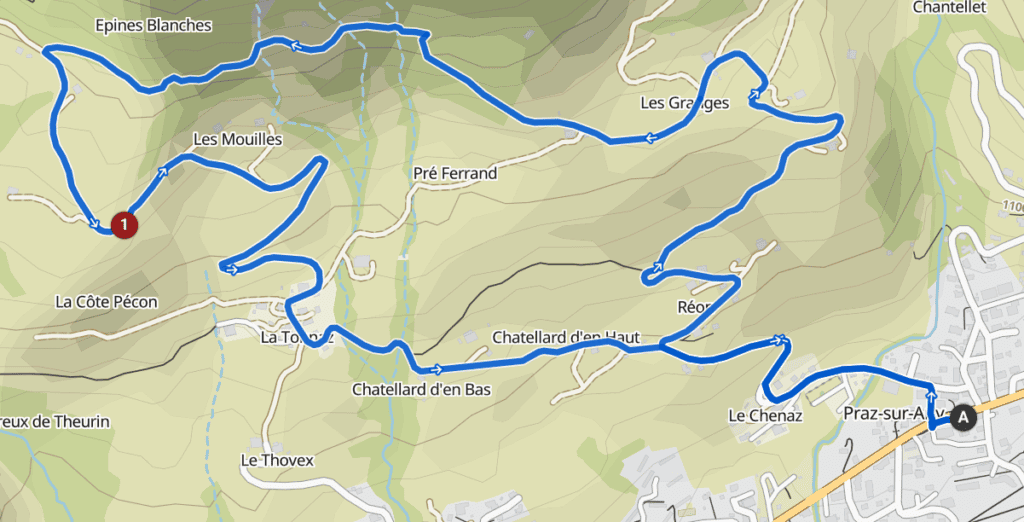 A map of the hiking loop from Praz-sur-Arly