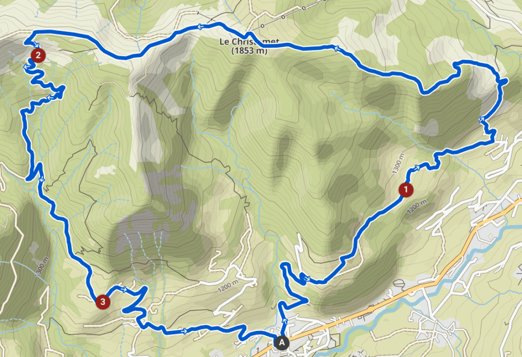 A map of the route of Refuge du Plan de l'Aar loop from Praz-sur-Arly