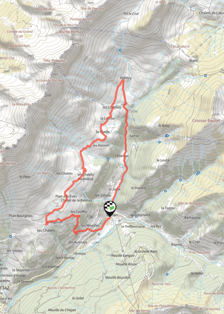A map of the route of Petétruy chalets and the wild combes of the Aravis massif 