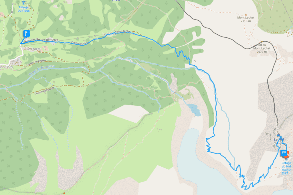 Carte montrant le circuit de la randonnée de Bionnassay à Nid d'Aigle.