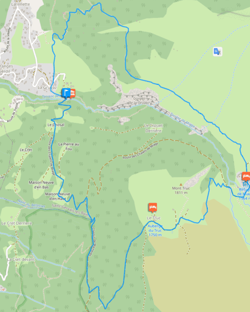 La grande boucle de la randonnée La Gruvaz – Le Truc – Alpage de Miage montrée sur une carte.