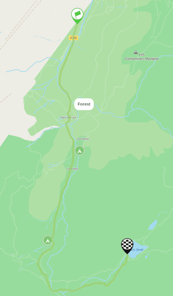 A map of the route of the Jovet Lakes