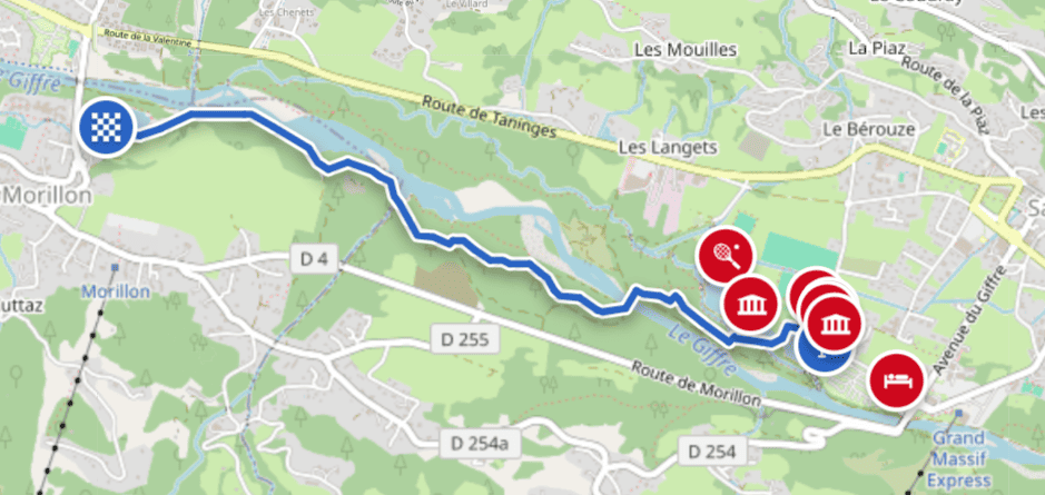 A map of the route from Lacs aux Dames to Lac Bleu