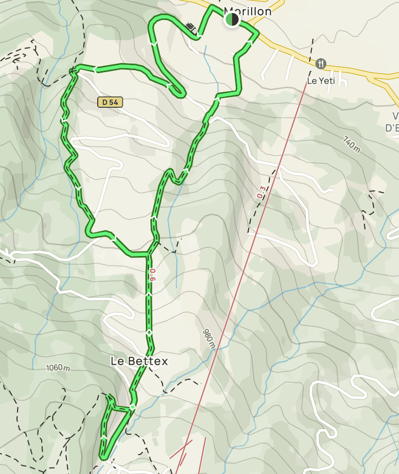 A map of the route from Morillon to Les Esserts