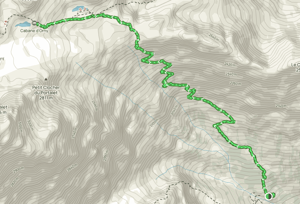 Tracé sur carte de l'itinéraire jusqu'à la cabane d'Orny via Saleinaz, une des randonnées les plus faciles à faire au printemps depuis Praz-de-Fort.