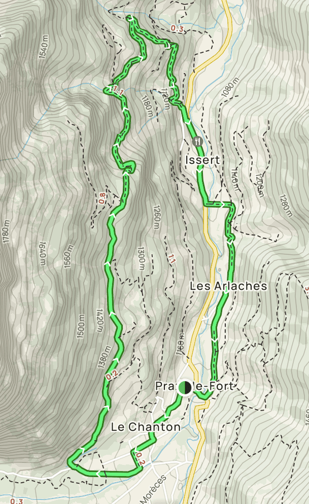Map of the loop from Praz-de-Fort to Issert.