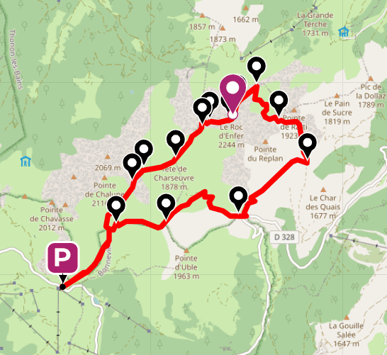 Map of the route to Roc d'Enfer.